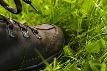 Brauner Wanderschuh in Großaufnahme steht auf grüner Wiese