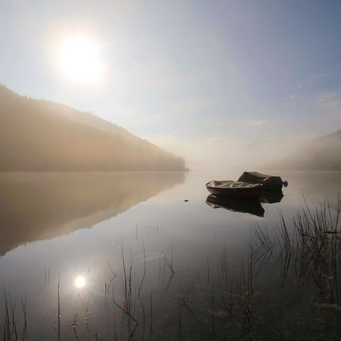 Am Ufer des Edersees an der alten Dorfstelle Berich ankern zwei Boote nah am Ufer. Vor dem Bau der Talsperre befand sich an dieser Stelle der Ort Berich, von dem bei Niedrigwasser alte Überreste des versunkenen Dorfes auftauchen. 