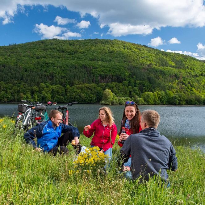 Vier Radfahrer picknicken auf einer Wiese am Affolderner See im Sommer.