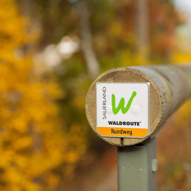 An einem Holzgeländer befindet sich das Logo der Sauerland-Waldroute