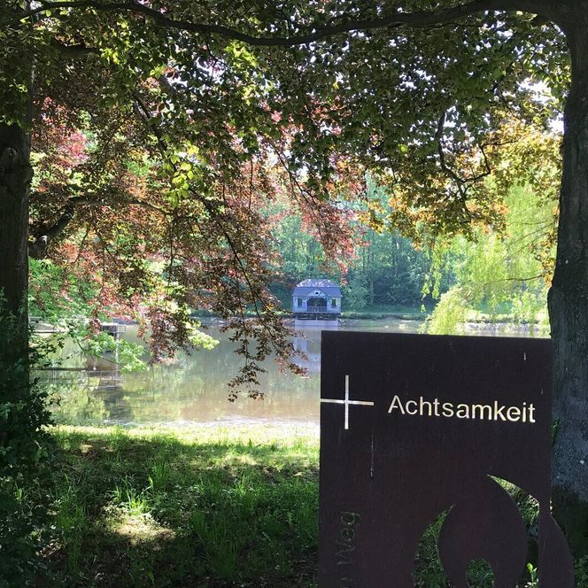 Der Schlossteich von Bad Arolsen von der Ulmenalleee aus gesehen, mit Blick in Richtung Entenhaus und Achtsamkeits-Schild.