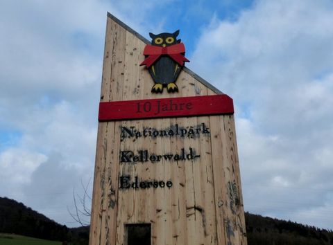 Ein Holzschild mit dem Schriftzug 10 Jahre Nationalpark Kellerwald-Edersee. An der eckigen Spitze eine Eule.