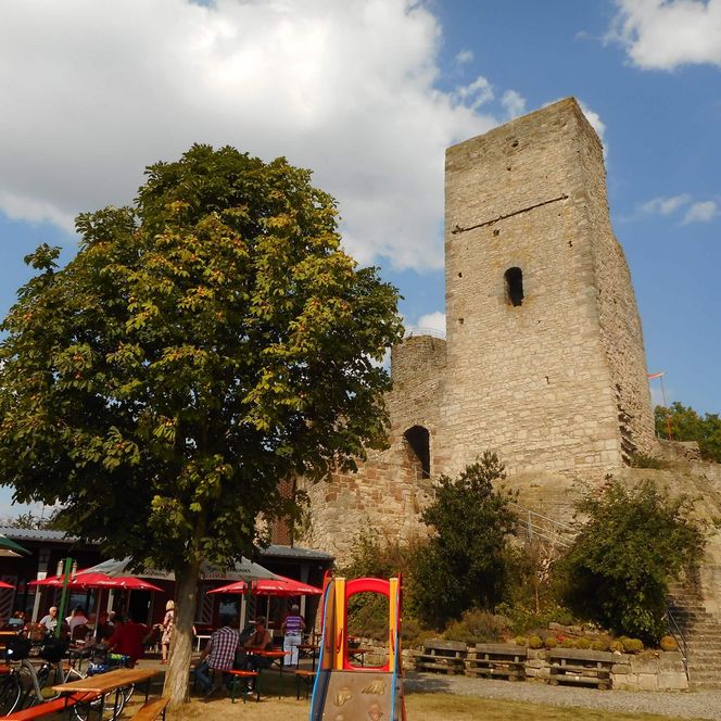 Kugelsburg mit Turm, davor ein Kastanienbaum und ein Aufenthaltsbereich mit Tischen, Bänken und Schirmen.