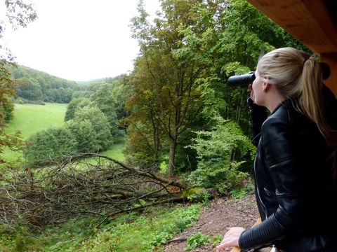 Eine Frau beobachtet mit dem Fernglas die Natur