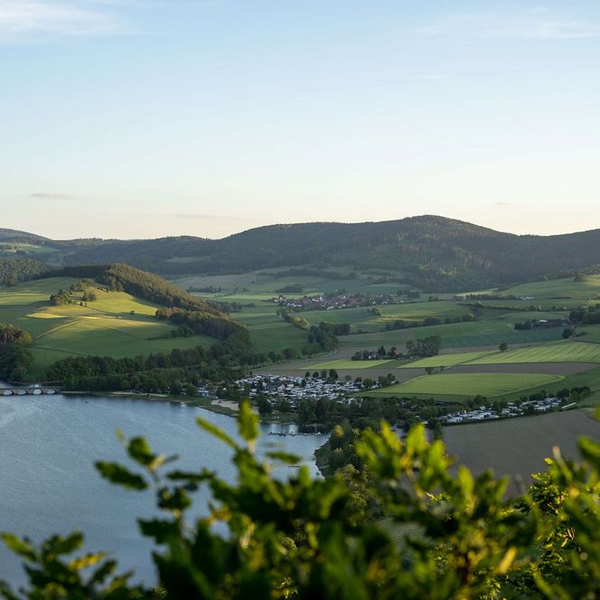 Eine Panoramaaufnahme des Diemelsee im Sommer. Das Bild zeigt den See umgeben von grüner Landschaft.
