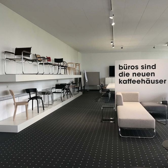 Ein Ausstellungsraum in dem viele unterschiedliche Stühle stehen.